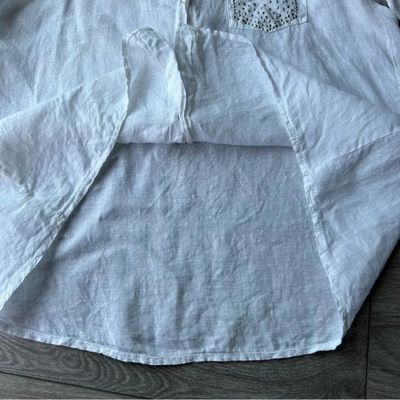 Elissia Pure Linen Studded Accent  White Button Down Shirt Blouse Made in Italy - Picture 9 of 16